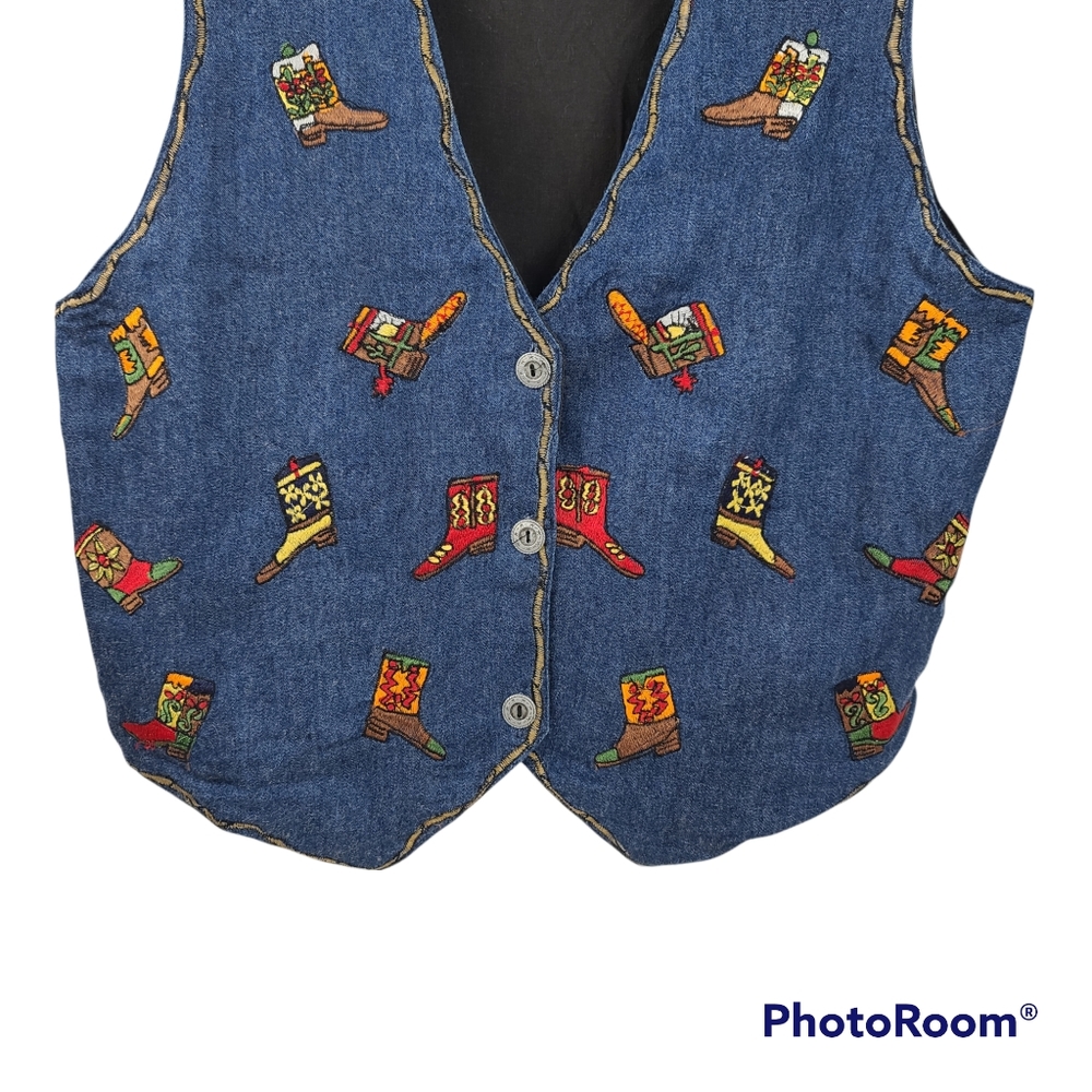 SOLD EBAY Agapo Vintage Denim Embroidered Cowboy Boots Vest Large Buttons - Picture 3 of 5